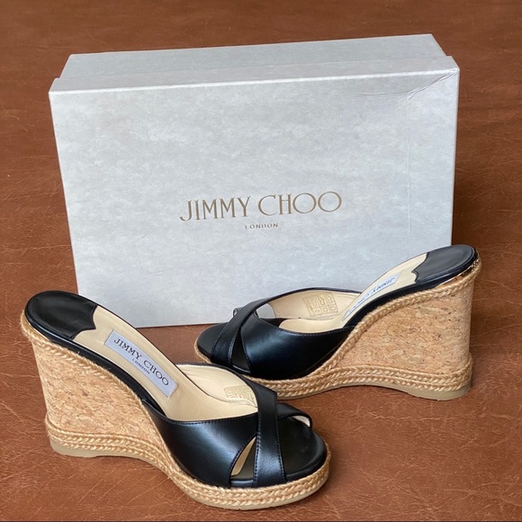 Jimmy Choo Almer Black Leather Wedges 36.5 - Picture 17 of 17